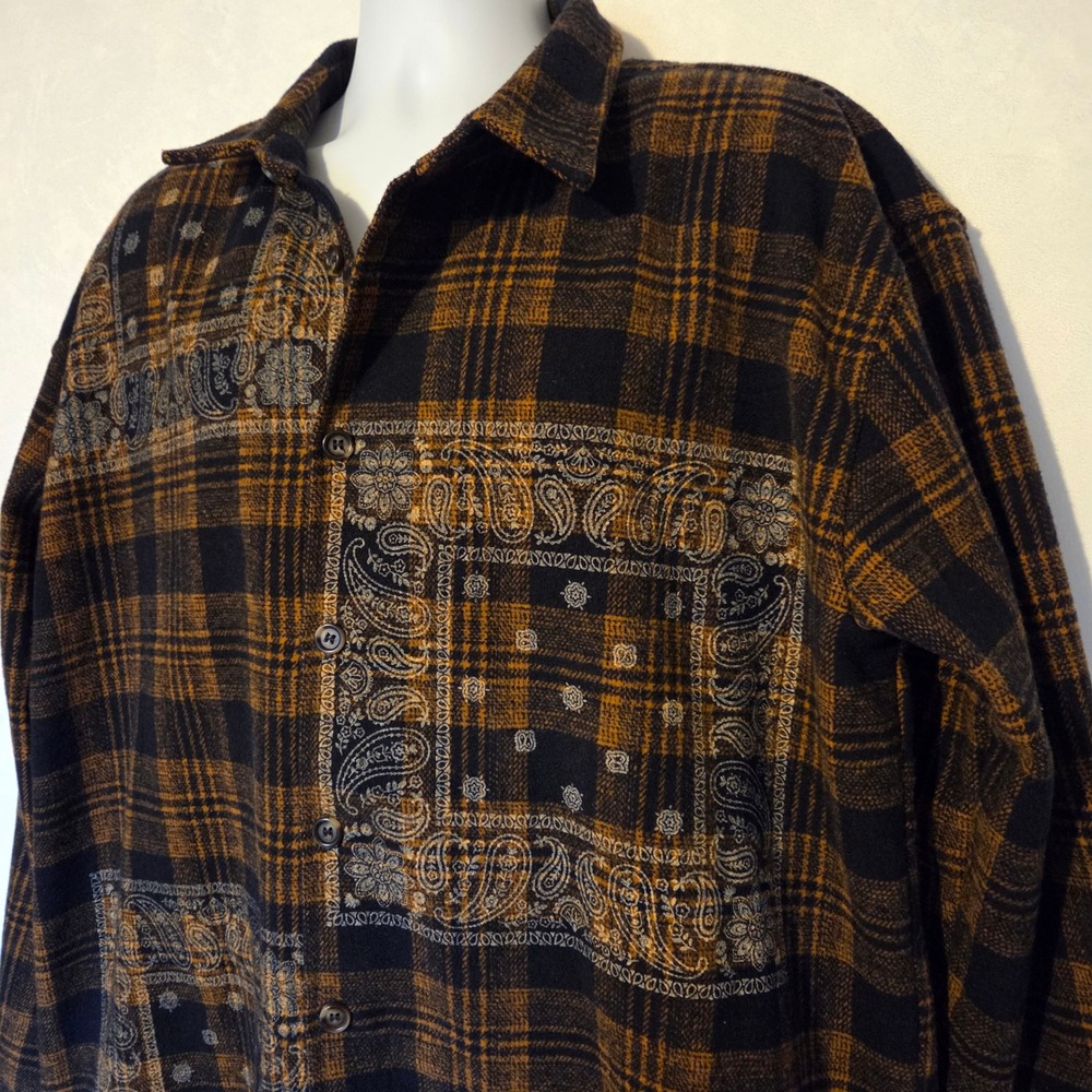 Forever 21 Brown Navy‎ Plaid Heavy Wool Blend Shacket Men L Bandana Print Grunge - Picture 2 of 5
